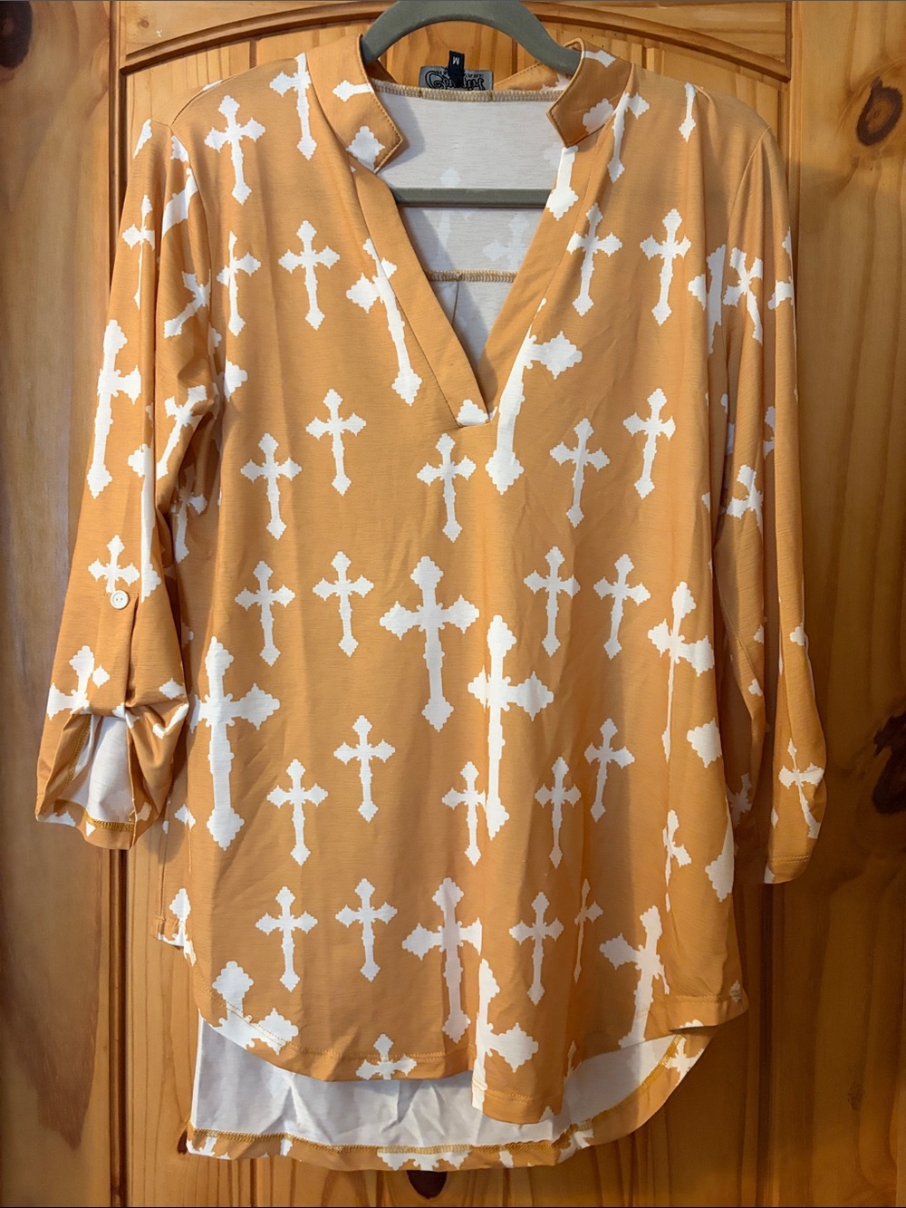 Relaxed V-Neck Cross-Print Tunic in Mustard
